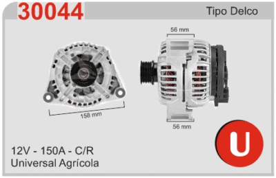 Alternador Universal Agrícola 12V 150A Tipo Delco